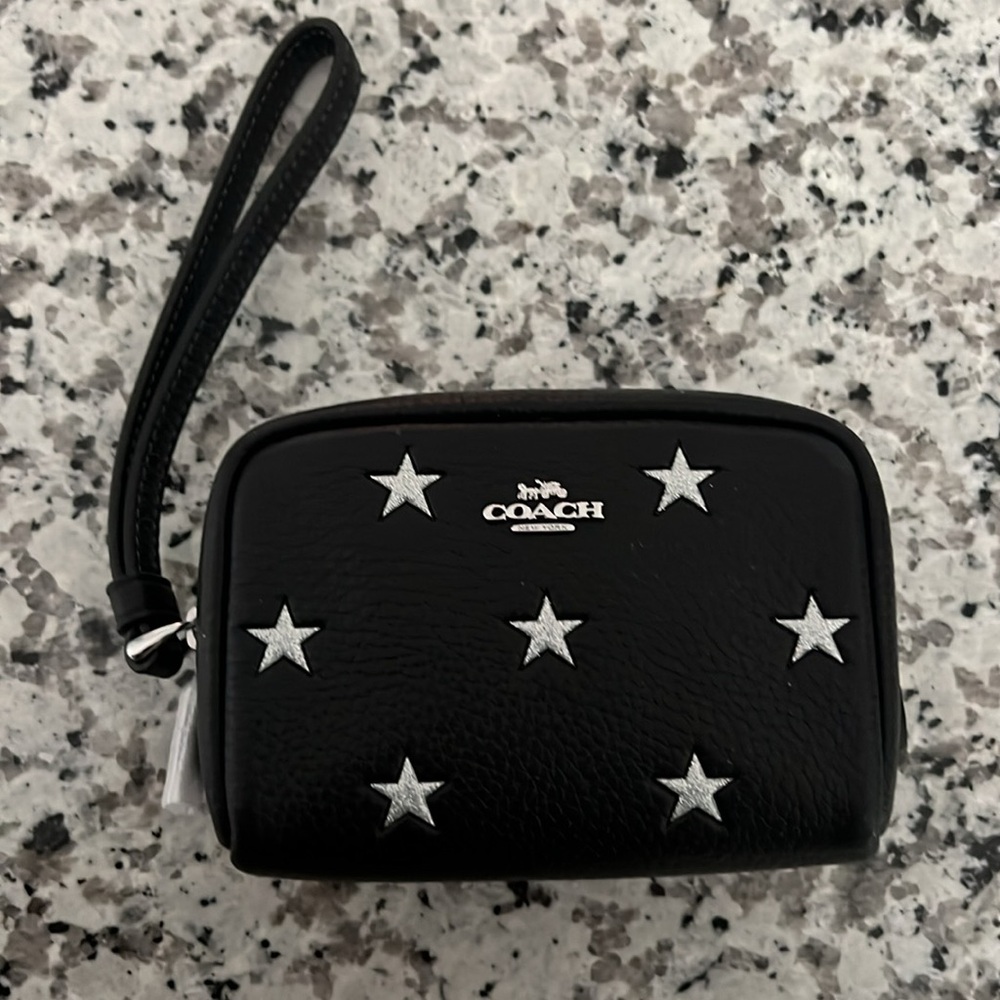 Coach Black Pouch Wristlet with Silver Star Print. NWT